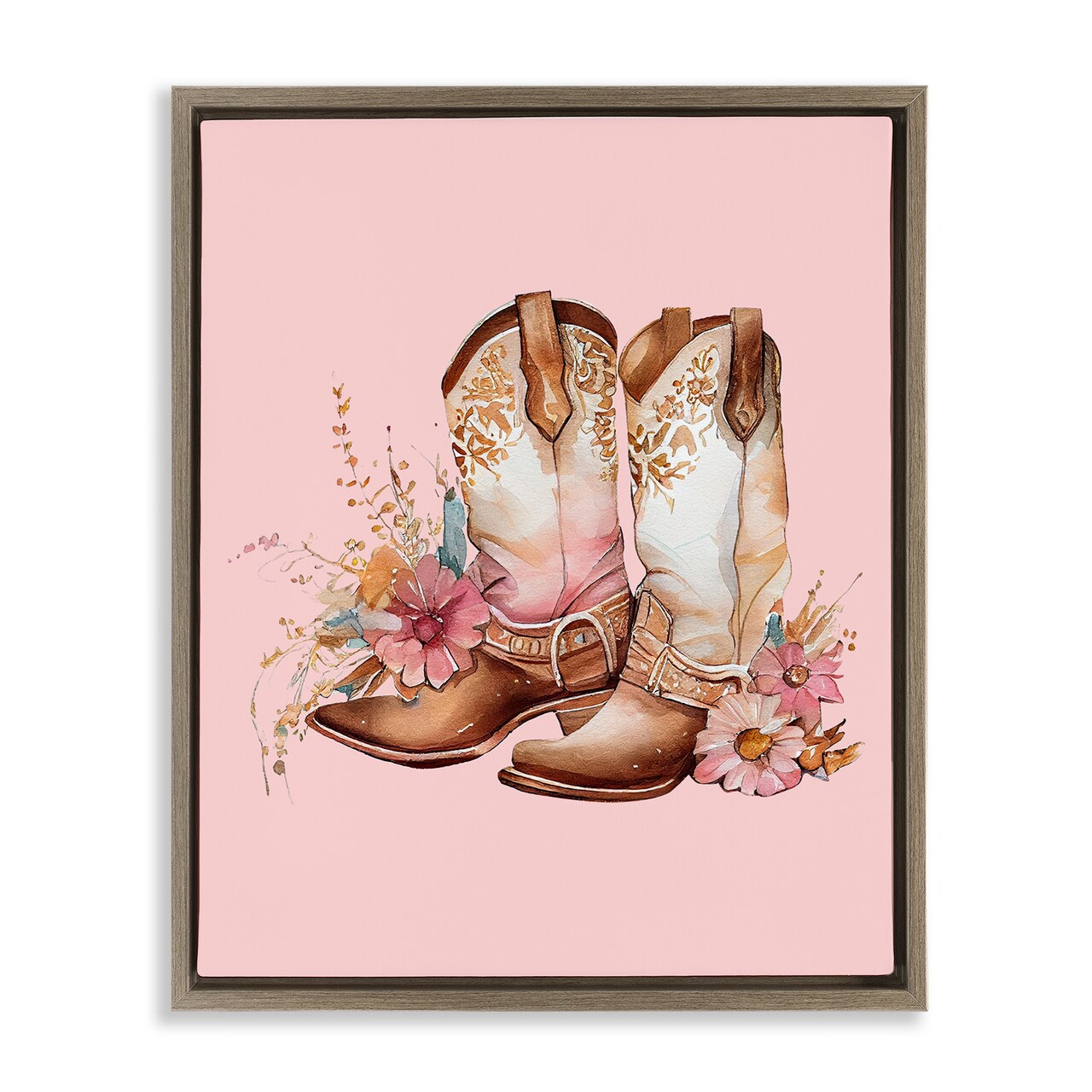 Stupell Industries Floral Pink Cowgirl Boots Framed Floater Canvas Wall Art